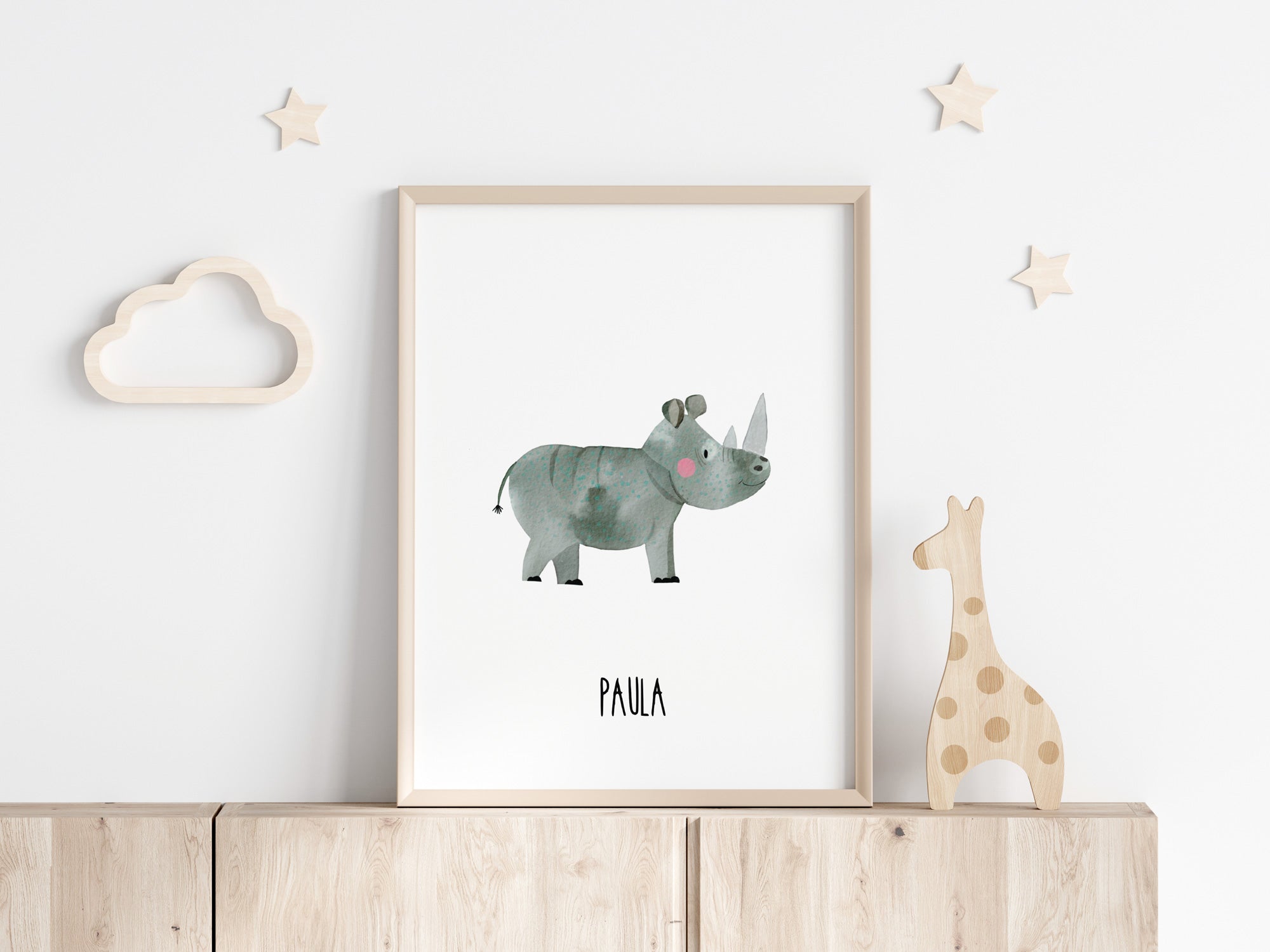 🦏 Nashorn Kunstdruck – Aquarell Poster für Kinderzimmer & Babyzimmer | Personalisierbar & Nachhaltig