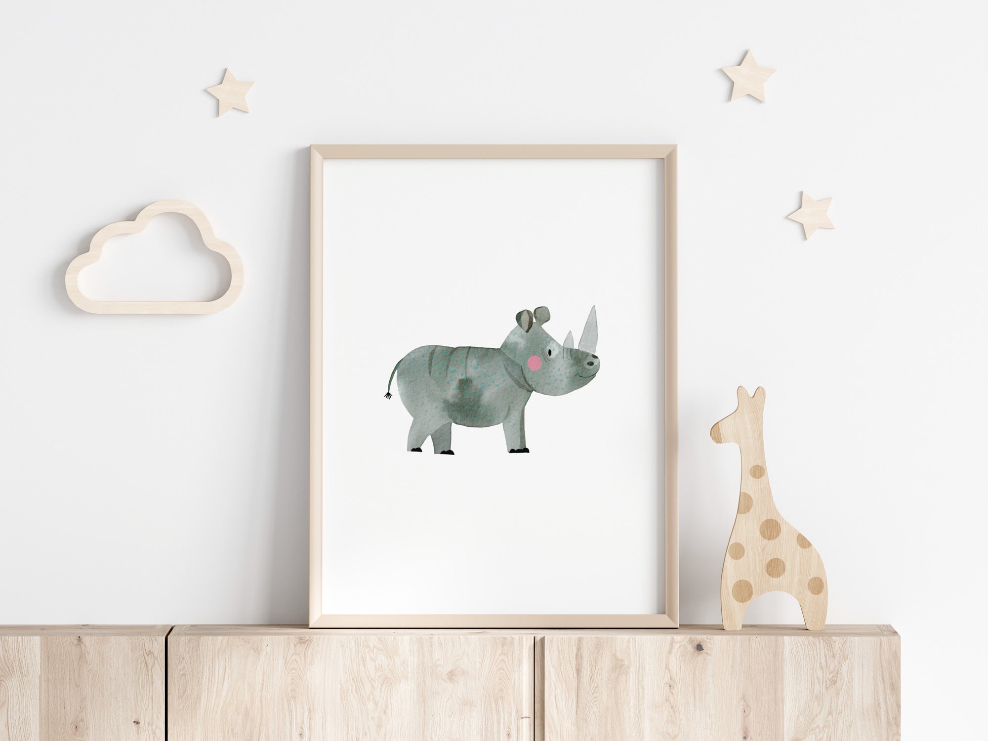 🦏 Nashorn Kunstdruck – Aquarell Poster für Kinderzimmer & Babyzimmer | Personalisierbar & Nachhaltig